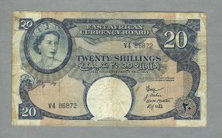 East Africa 20 Shillings 1958,  P - 39 East African Currency Board,  F - Vf,  Qeii Note