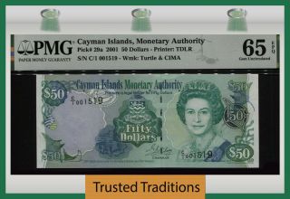 Tt Pk 29a 2001 Cayman Islands 50 Dollars Queen Elizabeth Ii Pmg 65 Epq Gem Unc