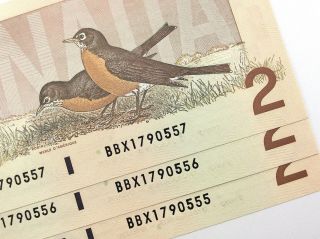 1986 Canada 2 Dollar 3 Consecutive Uncirculated Bbx Thiessen Crow Banknote R840