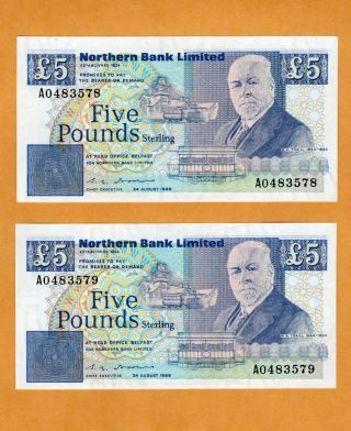 Northern Ireland 1988 Northern Bank Limited 5 Pounds.  Consecutive Notes.