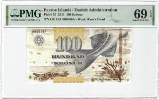 Faeroe Islands 100 Kronur 2011,  P - 30,  Pmg 69 Epq Gem Unc,  Grade