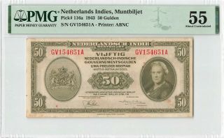 Netherlands Indies 50 Gulden 1943 Indonesia Abnc Pick 116 Pmg About Unc 55