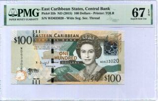 East Caribbean 100 Dollars Nd 2015 P 55 B Gem Unc Pmg 67 Epq Label Nr