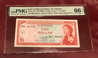 East Caribbean 10 Dollar Bank Note 1965 Pick 13o Pmg 66 Gem Unc Overprint “v”