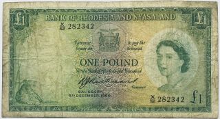 1960 1 Pound Banknote Rhodesia & Nyasaland (zambia Malawi Zimbabwe) Africa Qeii