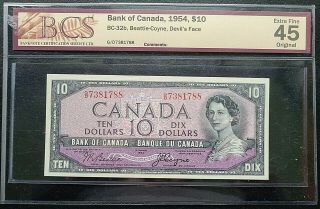 1954 Devils Face Canada $10 Ten Dollar Banknote - Bcs Graded Ef - 45,  Devil 