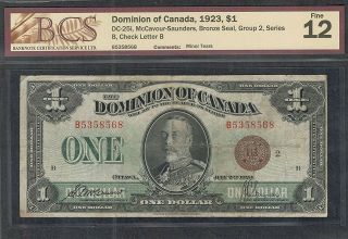 1923 $1.  00 Dc - 25i Bcs F - 12 Scarce Group 2 Bronze Seal Dominion Of Canada Dollar