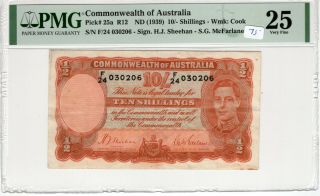 Australia 1939 10 Shillings Pmg Certified Banknote Very Fine 25 Pick 25a R12
