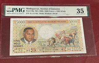 Madagascar 5000 Franc 1000 Ariary Bank Note 1966 Pmg 35 Pick 60a Very Fine Rare