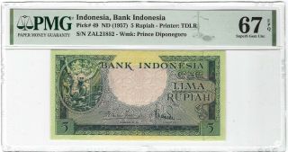 Indonesia 5 Rupiah 1957,  P - 49,  Pmg 67 Epq Gem Unc,  Rare Grade