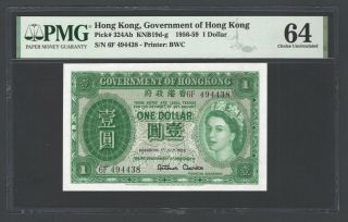 Hong Kong One Dollar 1 - 7 - 1959 P324ab Uncirculated Grade 64