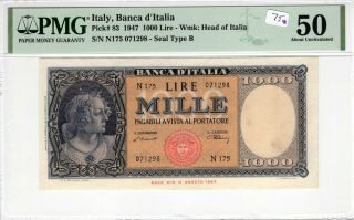 Italy 1947 1000 Lire Pmg Certified Banknote Au 50 Pick 83 Seal Type B