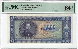 Romania 1000 Lei 1950,  P - 87 Banca De Stat,  Pmg 64 Epq Choice Unc & Scarce
