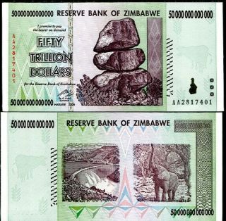 Zimbabwe 50 Trillion Dollars 2008 Aa P 90 Unc