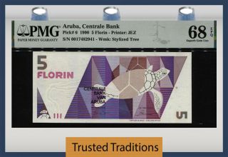 Tt Pk 6 1990 Aruba Centrale Bank 5 Florin Pmg 68 Epq Gem Uncirculated