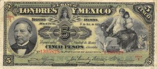 México 5 Pesos 1.  10.  1913 Series I Circulated Banknote Anglb