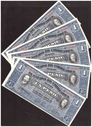 (5) 1915 Mexico 1 Peso Notes - Pick S530b - Consec Sn 