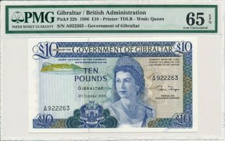 Government Of Gibraltar 10 Pounds 1986 Prefix A S/no X222xx Pmg 65epq