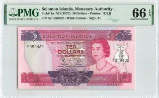 Solomon Islands 10 Dollars 1977,  P - 7a Pmg 66 Epq Gem Unc,  Qeii,  A/1 059482 Match