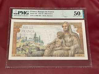 France French 1000 Franc Bank Note 1942 Pmg 50 About Unc Pick 102 Demeter Deesse
