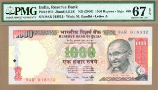India: 1000 Rupees Banknote,  (unc Gem Pmg67),  P - 94b,  2000,