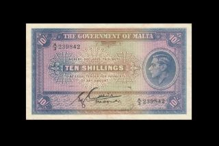 1940 Government Of Malta 10 Shillings X - Rare " A " ( (ef))