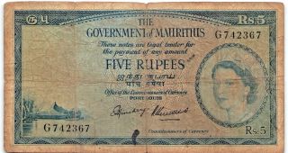 Rare 1954 Mauritius 5 Rupees Queen Elizabeth Ii P - 27 Banknote - N600
