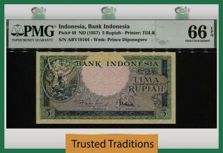 Tt Pk 49 1957 Indonesia Bank Indonesia 5 Rupiah Pmg 66 Epq Gem Uncirculated