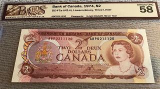 1974 Bank Of Canada $2.  00 - 3 Digit Radar Note - Bcs Graded Almost Unc 58