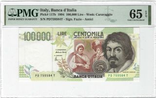 Italy 100,  000 Lire 1994,  P - 117b Rare High Denomination Note,  Pmg 65 Epq Gem Unc