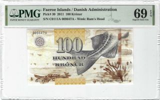 Faeroe Islands 100 Kronur 2011,  P - 30,  Pmg 69 Epq Gem Unc,  2nd Finest