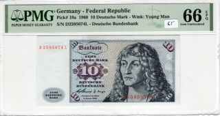 Germany 1960 10 Deutsche Mark Pmg Certified Banknote Unc 66 Epq Gem Fed Rep 19a