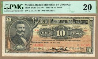Mexico: 10 Pesos Banknote,  (vf Pmg20),  P - S439c,  1910 - 14,