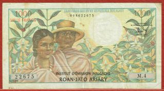 Madagascar Nd (1966) 1,  000 Francs=200 Ariary (pick 59a) F,  /vf
