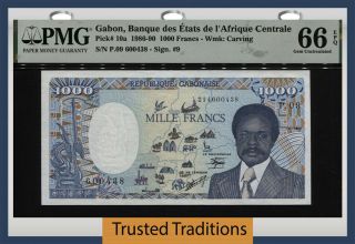 Tt Pk 10a 1986 - 90 Gabon 1000 Francs Elephant Pmg 66 Epq Gem Uncirculated