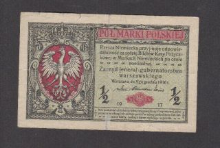 1/2 Marki Vg Banknote From German Occupied Poland 1917 Pick - 1