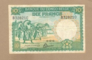 Belgian Congo: 10 Francs Banknote,  (f/vf),  P - 14,  10.  12.  1941,