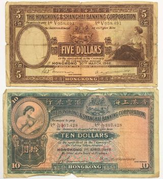 1946 Hong Kong $5 & $10 Shanghai Banking Corp,  Circulated Vg/f,  2 Notes