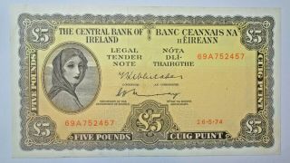 Ireland: Irish Lavery Five Pound Note Dated 26.  5.  1974.