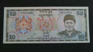 Bhutan,  Uncirculated,  20 Ngultrum Banknote,  1981.  Serial E/1 0211891.  Pick 9