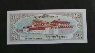 Bhutan,  Uncirculated,  20 Ngultrum Banknote,  1981.  Serial E/1 0211891.  Pick 9 2