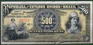 Brazil P - 1 500 Reis 1893 Vf Rare