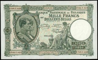Belgium 1000 Francs - 200 Belgas 1942 P - 110 Au/unc Large Size Note Rare Banknote