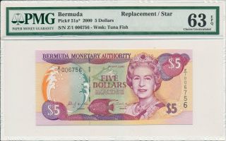 Bermuda Monetary Authority Bermuda $5 2000 Replacement/star Pmg 63epq