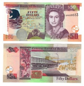 Belize Unc $50 Dollars Banknote (2016) P - 70f Queen Elizabeth Ii Paper Money