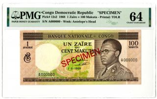 Congo.  Banque Nationale Du Congo,  1968 1 Zaire=100 Makuta,  P - 12s2 Pmg Ch Unc.  64