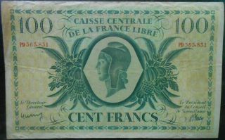 100 Cent Francs 1941 Caisse Centrale De La France Libre Wwii War Note Circulated