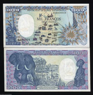 Equatorial Guinea 1000 1,  000 Francs P - 21 1985 Error Map Elephant Giraffe Note