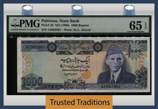 Tt Pk 43 1988 Pakistan State Bank 1000 Rupees M.  A.  Jinnah Pmg 65 Epq Gem Unc