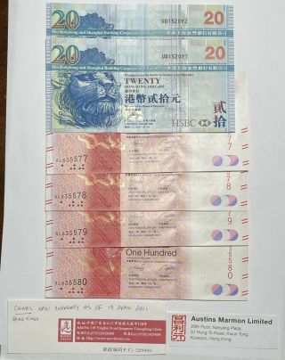 (6) Scarce Hong Kong $20 & $100 Dollar Bank Notes In Crisp